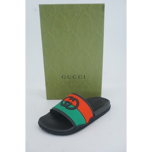 Gucci Agrado GG Logo Rubber Slide MuleSandals Size 35 G New $450 Red Green Black - Picture 11 of 12